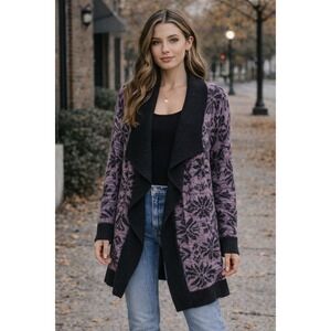 Open Front Cardigan Purple Black Geometric Knit Indie Bohemian Goth Celestial